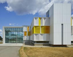ALPOLIC MCM cladding on the renovated envelope of Fleming College A Wing building, installed at angles for aesthetic design ALPOLIC MCM cladding on the renovated envelope of Fleming College A Wing building, installed at angles for aesthetic design