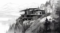 Andrew's Midjourney created image of a mountain residence ink illustration Andrew's Midjourney created image of a mountain residence ink illustration