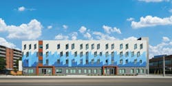 The facade features five stock colors of ALPOLIC MCM as a homage to the waves of Lake Ontario The facade features five stock colors of ALPOLIC MCM as a homage to the waves of Lake Ontario