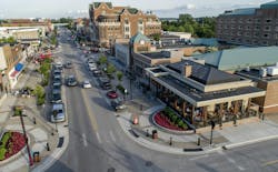 Top-down view of pedestrian-friendly street Top-down view of pedestrian-friendly street