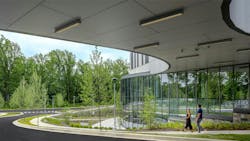 People walking outside of glass building surrounded by foliage People walking outside of glass building surrounded by foliage