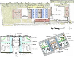 Test fit for how a kindergarten expansion might fit on an existing campus Test fit for how a kindergarten expansion might fit on an existing campus