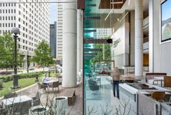 Lobby interior and exterior lounge area Lobby interior and exterior lounge area