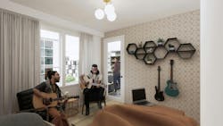 Two people playing guitar in multifamily residence Two people playing guitar in multifamily residence
