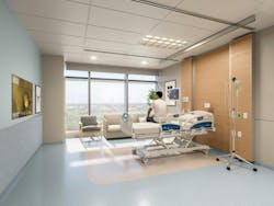 Modern hospital room with man on bed Modern hospital room with man on bed