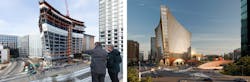 Two men stand above the highway, pointing across the roadway to 10 world trade, which is under construction Two men stand above the highway, pointing across the roadway to 10 world trade, which is under construction