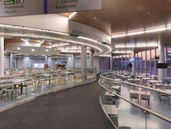 Wheelchair accessible ramp winding through college cafeteria Wheelchair accessible ramp winding through college cafeteria