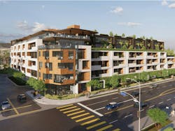 Rendering of senior living community with biophilic design elements Rendering of senior living community with biophilic design elements