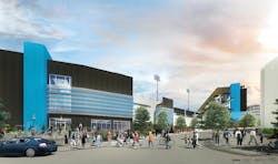 Nashville Fairgrounds Speedway Renovation rendering, black building with blue accents and large windows Nashville Fairgrounds Speedway Renovation rendering, black building with blue accents and large windows