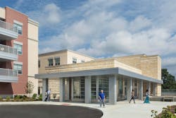 Jewish Senior Services skilled nursing home entry pavilion featuring blocks of Jerusalem Stone Jewish Senior Services skilled nursing home entry pavilion featuring blocks of Jerusalem Stone