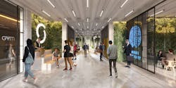 A mall-like corridor with a gym and cafe A mall-like corridor with a gym and cafe