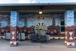 Exterior Wall Depicts Crop Harvesting, Desert Landscapes, And The Petroglyphic Symbol Of The Man In The Maze, Or Se:he Exterior Wall Depicts Crop Harvesting, Desert Landscapes, And The Petroglyphic Symbol Of The Man In The Maze, Or Se:he