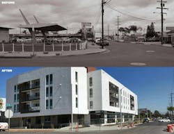 Tiny Tim Plaza’s Space Age Gas Station Overhang (top) Was Removed To Make Way For The New Residential Structure (above) Tiny Tim Plaza’s Space Age Gas Station Overhang (top) Was Removed To Make Way For The New Residential Structure (above)