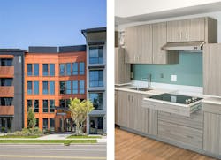 Multifamily sustainable development exterior and interior kitchen Multifamily sustainable development exterior and interior kitchen