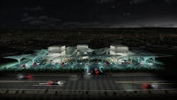Electric Oasis concept of modern electric vehicle gas station at night Electric Oasis concept of modern electric vehicle gas station at night