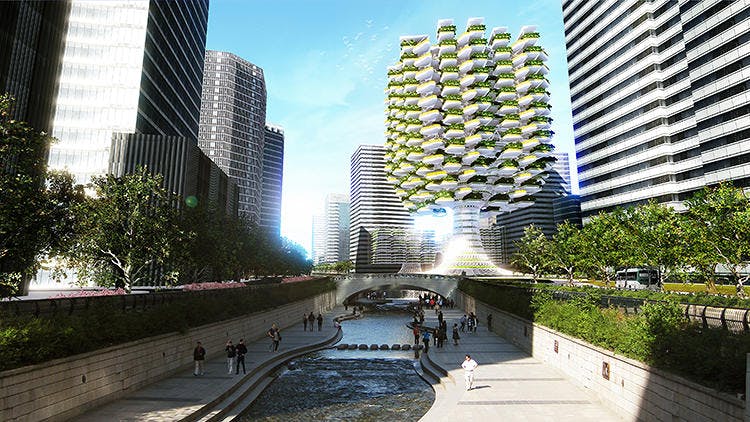 A skyscraper with a thriving vertical farm integrated into its design, symbolizing the future of urban agriculture and passive income
