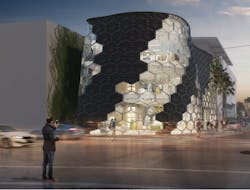 A rendering of the exterior of The Verge Building at night A rendering of the exterior of The Verge Building at night