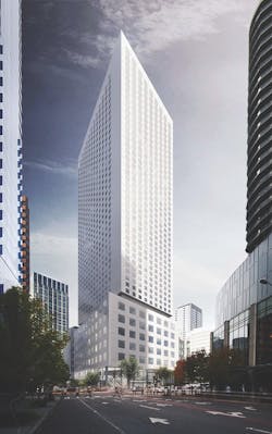 The exterior of the Hyatt Regency in Seattle The exterior of the Hyatt Regency in Seattle