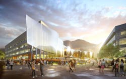 A glassy undulating facade of one of the Zonamerica Cali buildings A glassy undulating facade of one of the Zonamerica Cali buildings