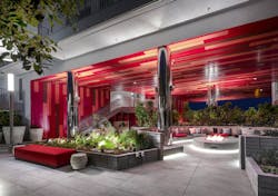 The entry to Domain West Hollywood, clad in red panels The entry to Domain West Hollywood, clad in red panels