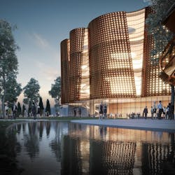 One of the theaters illuminated at night on the APAC campus One of the theaters illuminated at night on the APAC campus