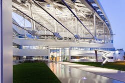 Underneath one of the photovoltaic wings Underneath one of the photovoltaic wings