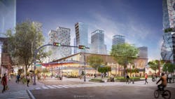 Street level of Calgary arena at dusk Street level of Calgary arena at dusk
