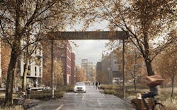 Henning Larsen all-timber neighborhood entrance Henning Larsen all-timber neighborhood entrance