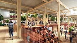 The Village interior cascading levels of mass timber The Village interior cascading levels of mass timber