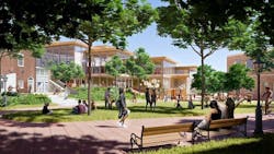 The Village exterior green space with students The Village exterior green space with students