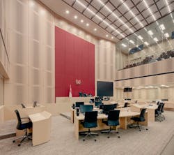 One of the towers' courtrooms, with glassed-in viewing space One of the towers' courtrooms, with glassed-in viewing space