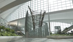 View of the Shell sculpture at Zayed International Airport, Terminal A. Photo: Victor Romero, courtesy Kohn Pedersen Fox (KPF) View of the Shell sculpture at Zayed International Airport, Terminal A. Photo: Victor Romero, courtesy Kohn Pedersen Fox (KPF)