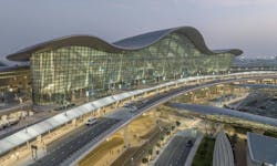 View of the departures curb and front facade at Zayed International Airport, Terminal A. Photo: Victor Romero, courtesy Kohn Pedersen Fox (KPF) View of the departures curb and front facade at Zayed International Airport, Terminal A. Photo: Victor Romero, courtesy Kohn Pedersen Fox (KPF)