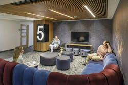 Kinsolving Hall fifth floor with students talking Kinsolving Hall fifth floor with students talking