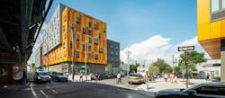 Brooklyn's colorful Van Sinderen Plaza affordable housing project includes retail, public spaces. Photo courtesy GLUCK+ Brooklyn's colorful Van Sinderen Plaza affordable housing project includes retail, public spaces. Photo courtesy GLUCK+