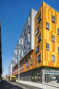 Brooklyn's colorful Van Sinderen Plaza affordable housing project includes retail, public spaces. Photo courtesy GLUCK+ Brooklyn's colorful Van Sinderen Plaza affordable housing project includes retail, public spaces. Photo courtesy GLUCK+
