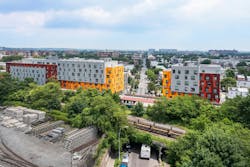 Brooklyn's colorful Van Sinderen Plaza affordable housing project includes retail, public spaces. Photo courtesy GLUCK+ Brooklyn's colorful Van Sinderen Plaza affordable housing project includes retail, public spaces. Photo courtesy GLUCK+