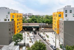 Brooklyn's colorful Van Sinderen Plaza affordable housing project includes retail, public spaces. Photo courtesy GLUCK+ Brooklyn's colorful Van Sinderen Plaza affordable housing project includes retail, public spaces. Photo courtesy GLUCK+