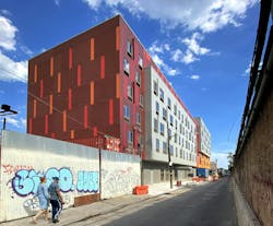Brooklyn's colorful Van Sinderen Plaza affordable housing project includes retail, public spaces. Photo courtesy GLUCK+ Brooklyn's colorful Van Sinderen Plaza affordable housing project includes retail, public spaces. Photo courtesy GLUCK+