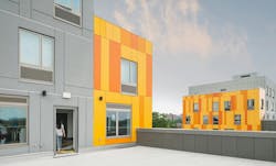 Brooklyn's colorful Van Sinderen Plaza affordable housing project includes retail, public spaces. Photo courtesy GLUCK+ Brooklyn's colorful Van Sinderen Plaza affordable housing project includes retail, public spaces. Photo courtesy GLUCK+