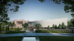 East elevation of the Joslyn Building, Hawks Pavilion, central lawn, and courtyard garden. Rendering courtesy Moare East elevation of the Joslyn Building, Hawks Pavilion, central lawn, and courtyard garden. Rendering courtesy Moare