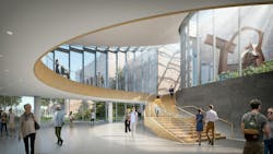 Hawks Pavilion entry atrium with views of the Joslyn Building, Scott Pavilion, and arrival garden. Rendering courtesy Moare Hawks Pavilion entry atrium with views of the Joslyn Building, Scott Pavilion, and arrival garden. Rendering courtesy Moare