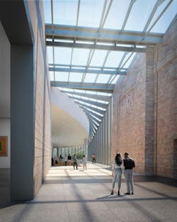 Interior twist connection looking into the new Hawks Pavilion from the glass atrium that connects it to the Joslyn Building and Scott Pavilion. Rendering courtesy Moare Interior twist connection looking into the new Hawks Pavilion from the glass atrium that connects it to the Joslyn Building and Scott Pavilion. Rendering courtesy Moare
