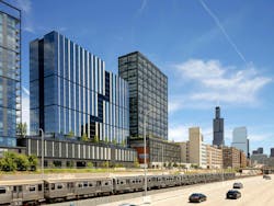 Chicago's 19-story Coppia luxury multifamily features geometric figures on the façade Photo © Eric Laignel, courtesy Goettsch Partners Chicago's 19-story Coppia luxury multifamily features geometric figures on the façade Photo © Eric Laignel, courtesy Goettsch Partners
