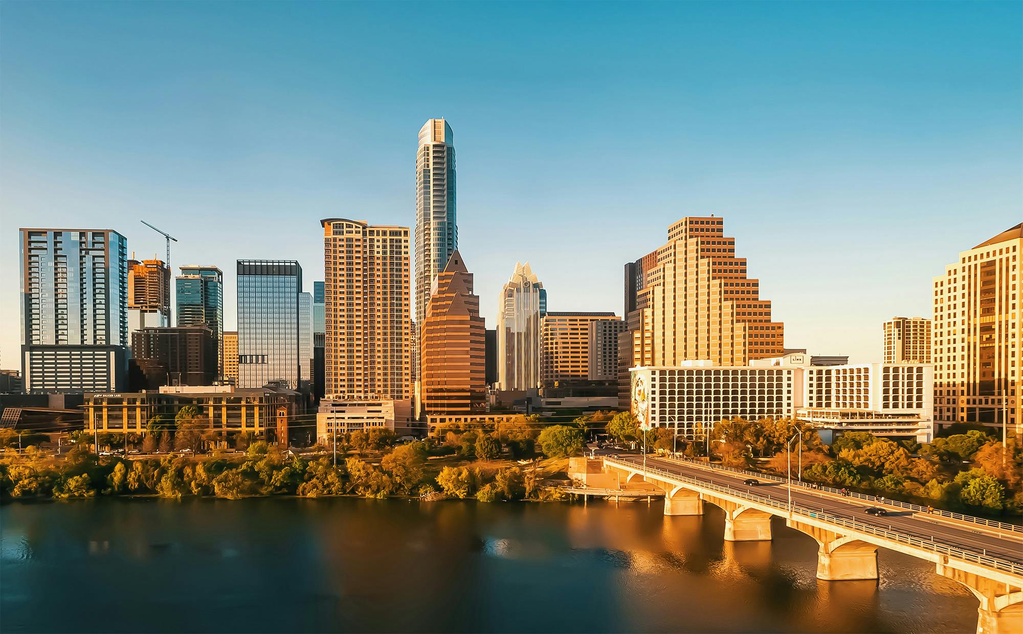Downtown Austin Texas skyline with view of the Colorado river
