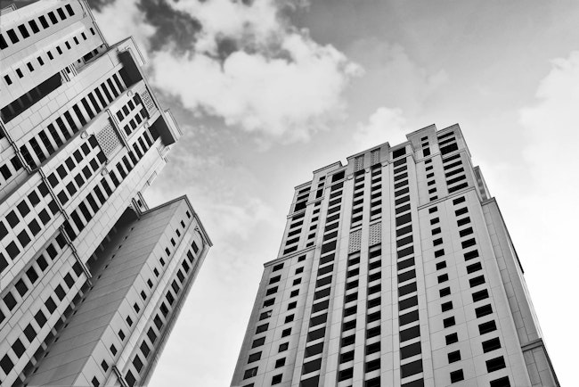 Back and white view of skyscrapers