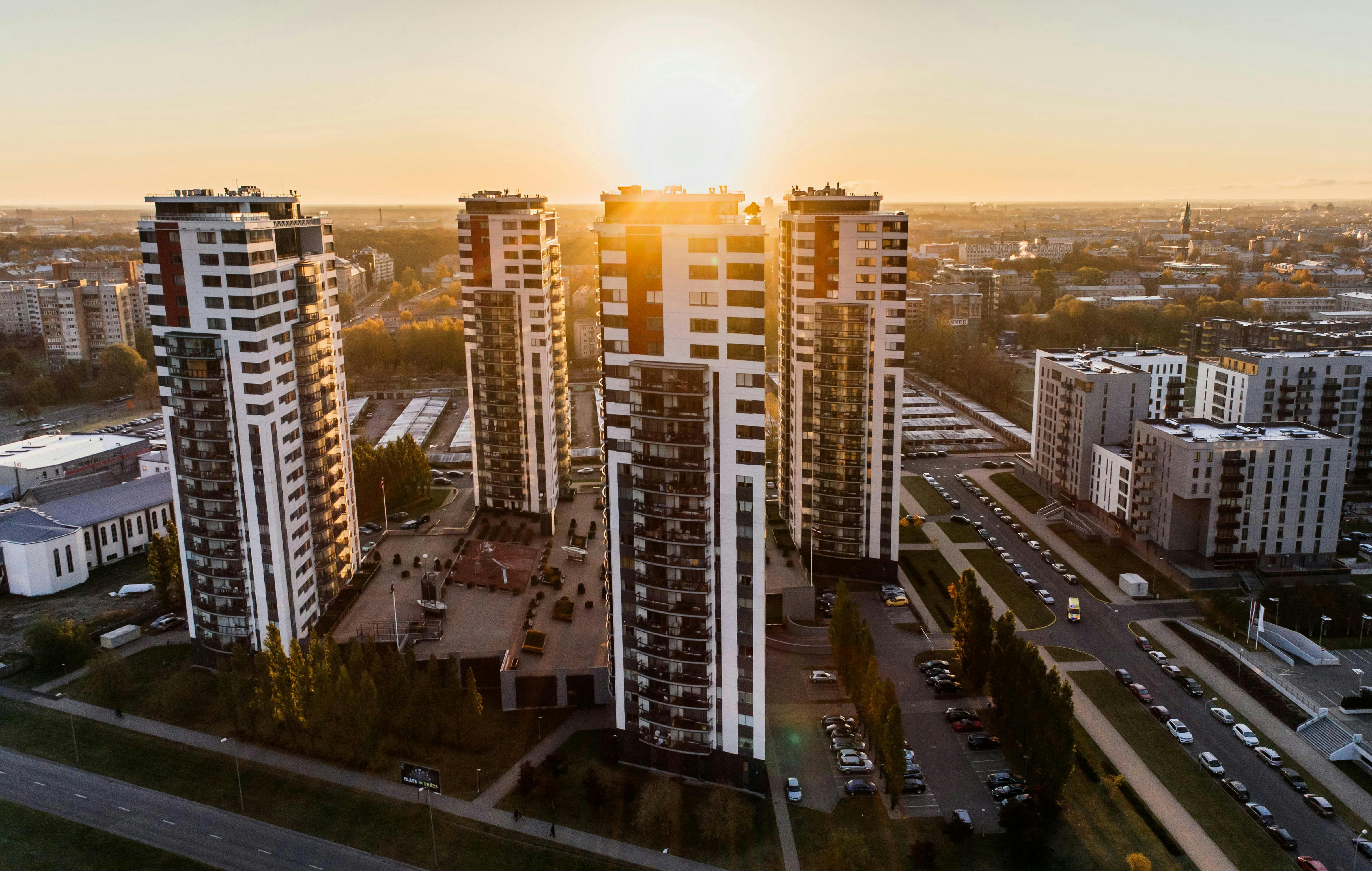 High Angle Photography of High-rise Buildings Near Road during Golden Hour