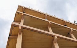 Glulam beams and CLT panels used in a nonresidential structure. Glulam beams and CLT panels used in a nonresidential structure.