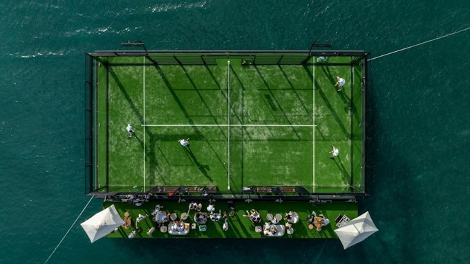 A. padel court is floating along the MIami water line. Image: Yntegra Group
