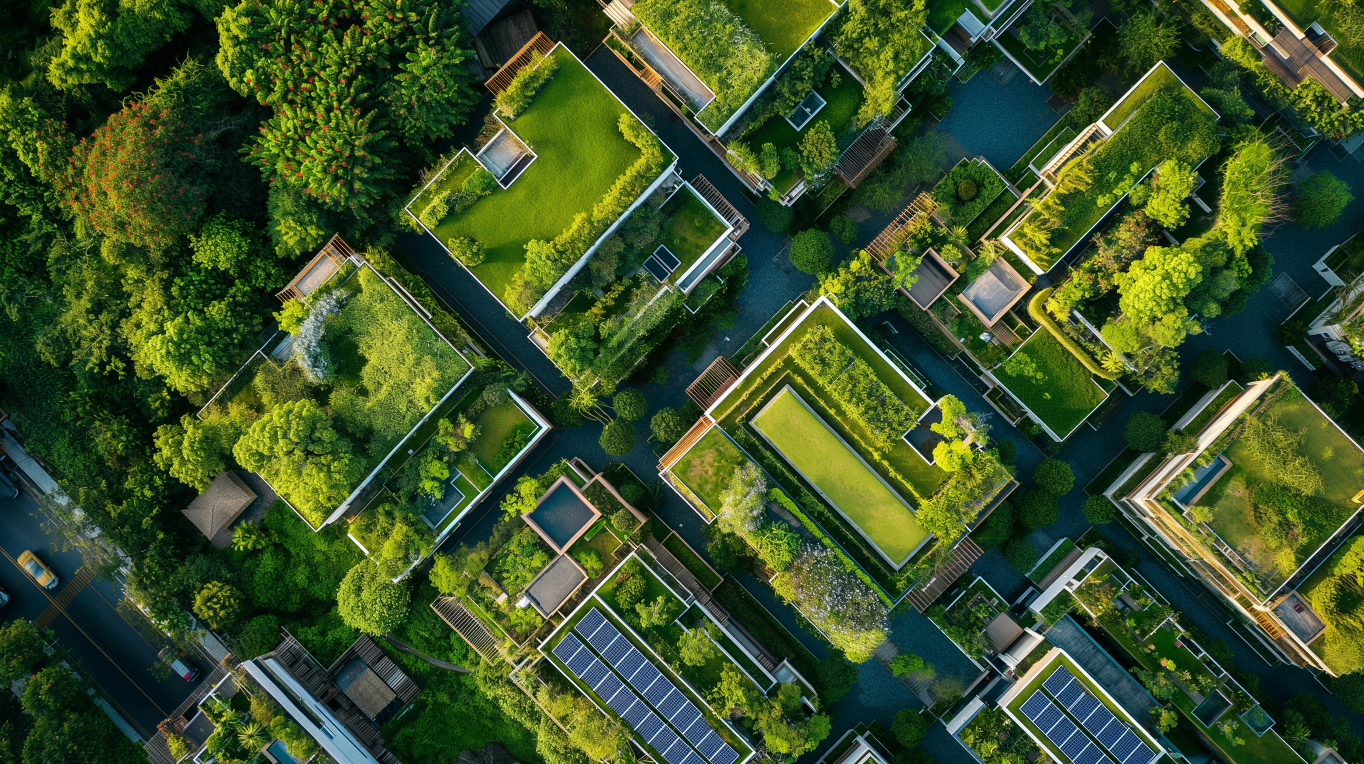 An aerial view captures a lush, green residential neighborhood with solar panels